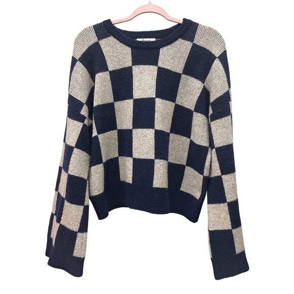 Madewell Women's Cardiff Checkerboard Crewneck Sweater Blue Beige Size S - Picture 1 of 8
